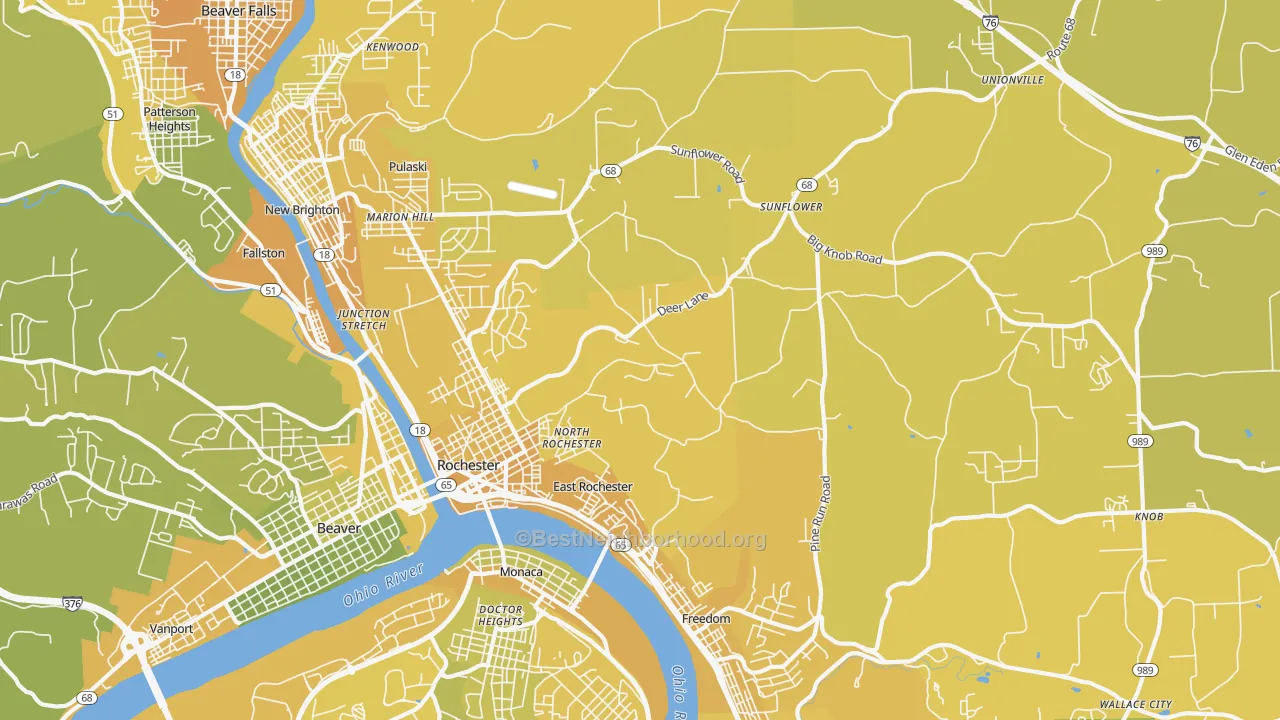 Map of the best neighborhoods in the Rochester area, with better matches in green and worse matches in red