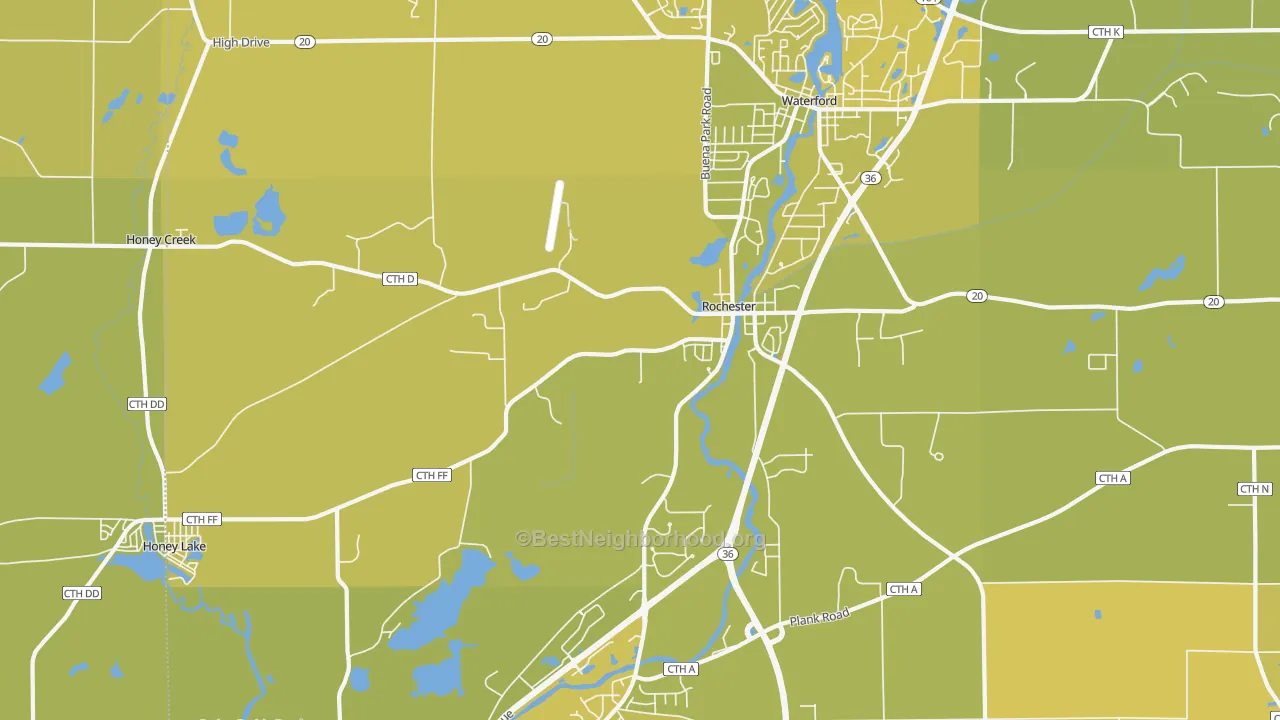 Map of the best neighborhoods in the Rochester area, with better matches in green and worse matches in red