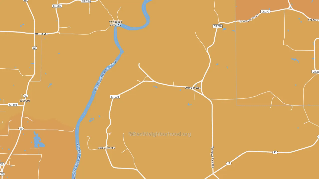 Map of the best neighborhoods in the Rock Bluff area, with better matches in green and worse matches in red