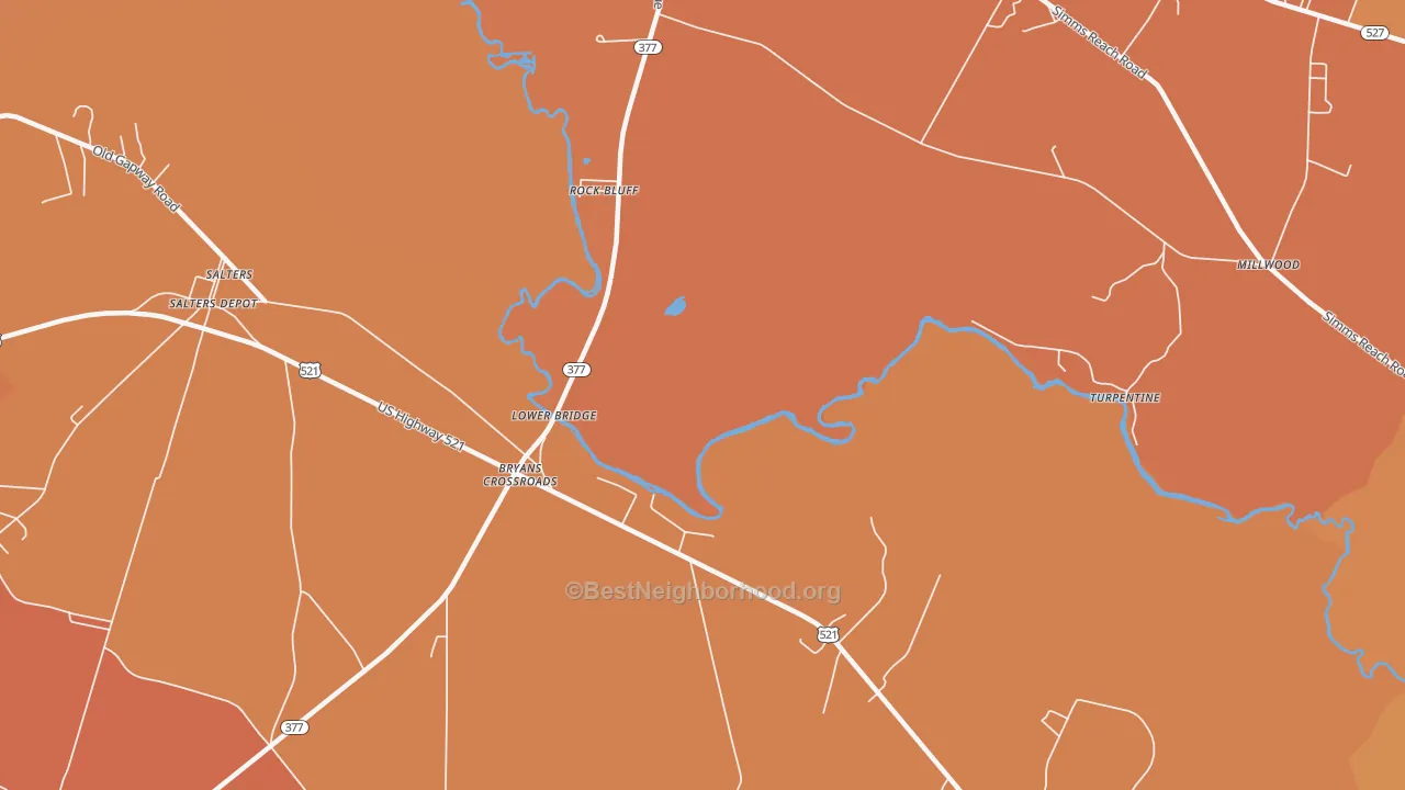 Map of the best neighborhoods in the Rock Bluff area, with better matches in green and worse matches in red