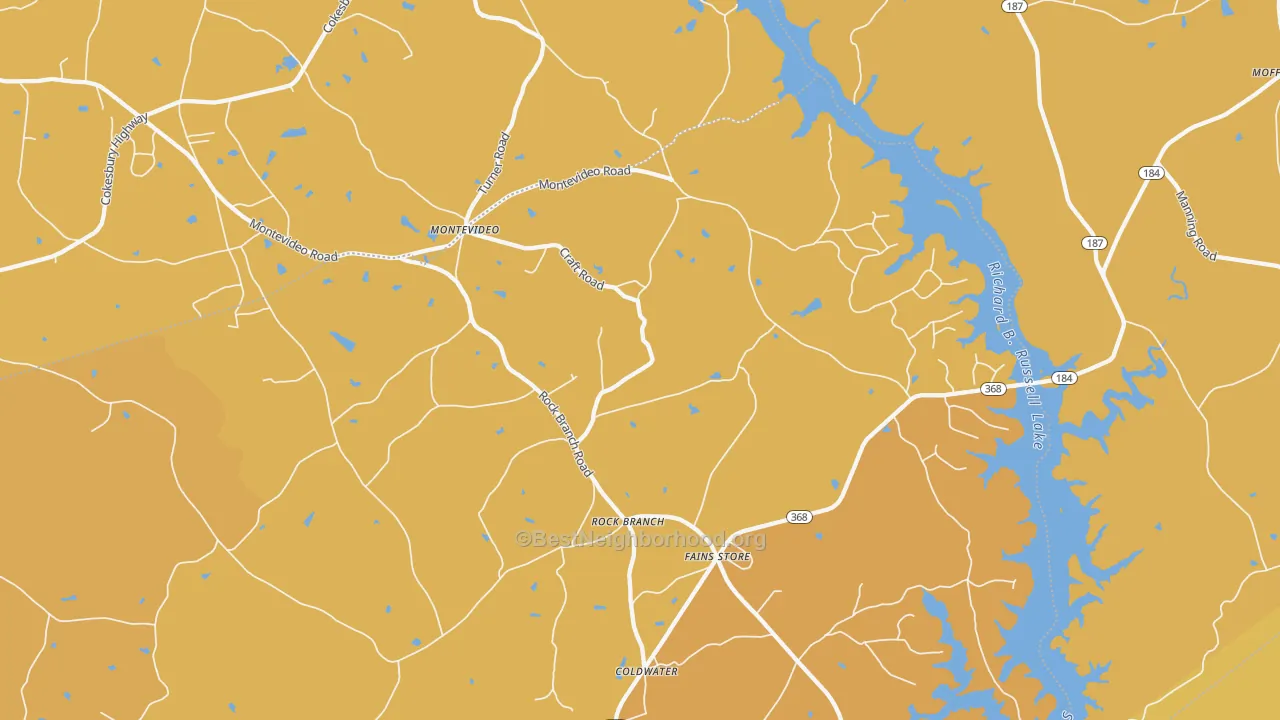 Map of the best neighborhoods in the Rock Branch area, with better matches in green and worse matches in red