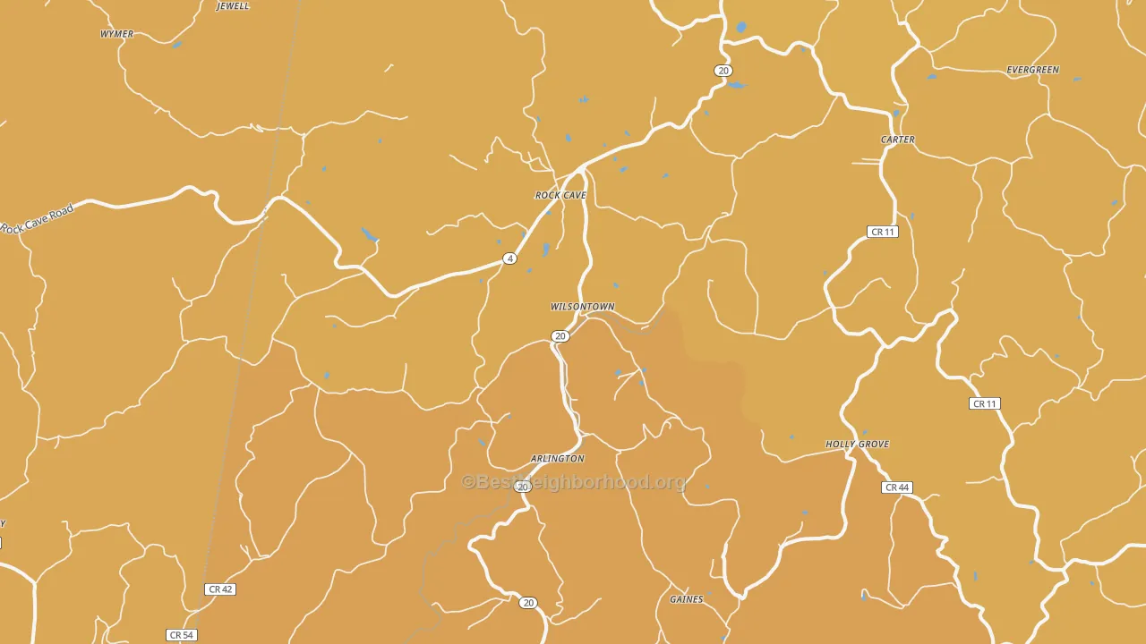 Map of the best neighborhoods in the Rock Cave area, with better matches in green and worse matches in red