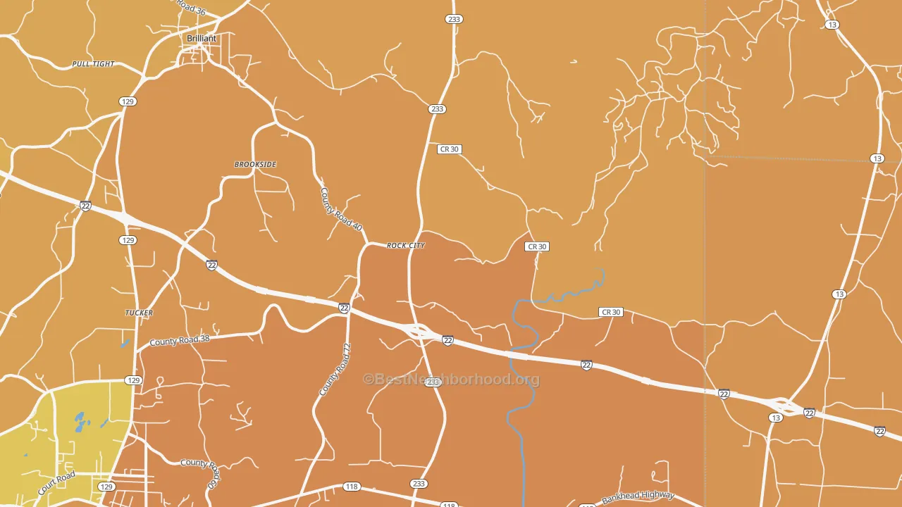 Map of the best neighborhoods in the Rock City area, with better matches in green and worse matches in red