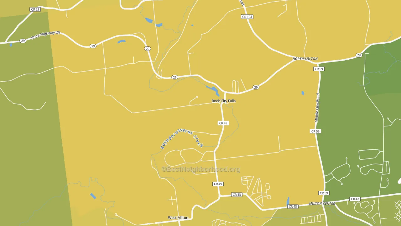Map of the best neighborhoods in the Rock City Falls area, with better matches in green and worse matches in red