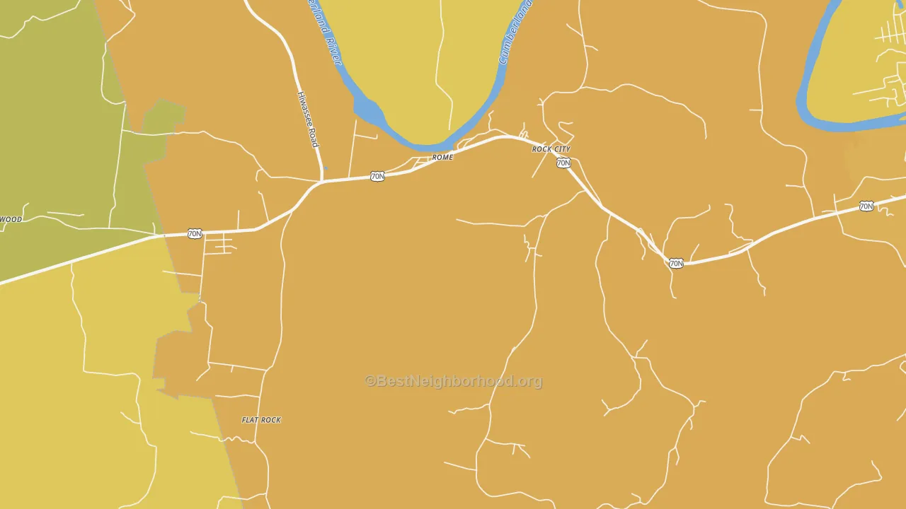 Map of the best neighborhoods in the Rock City area, with better matches in green and worse matches in red