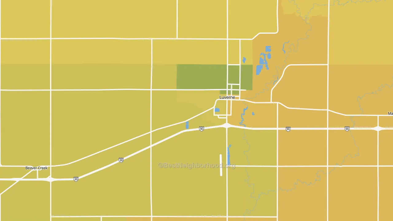 Map of the best neighborhoods in the Rock County area, with better matches in green and worse matches in red