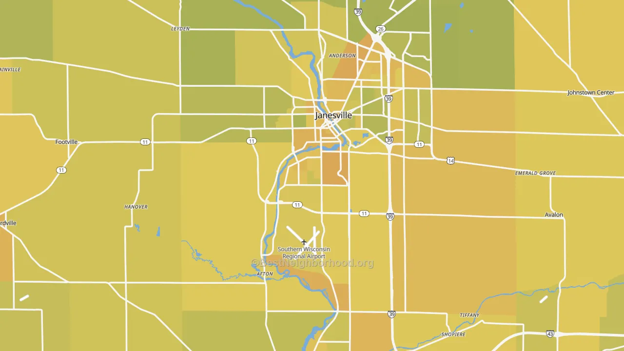 Map of the best neighborhoods in the Rock County area, with better matches in green and worse matches in red