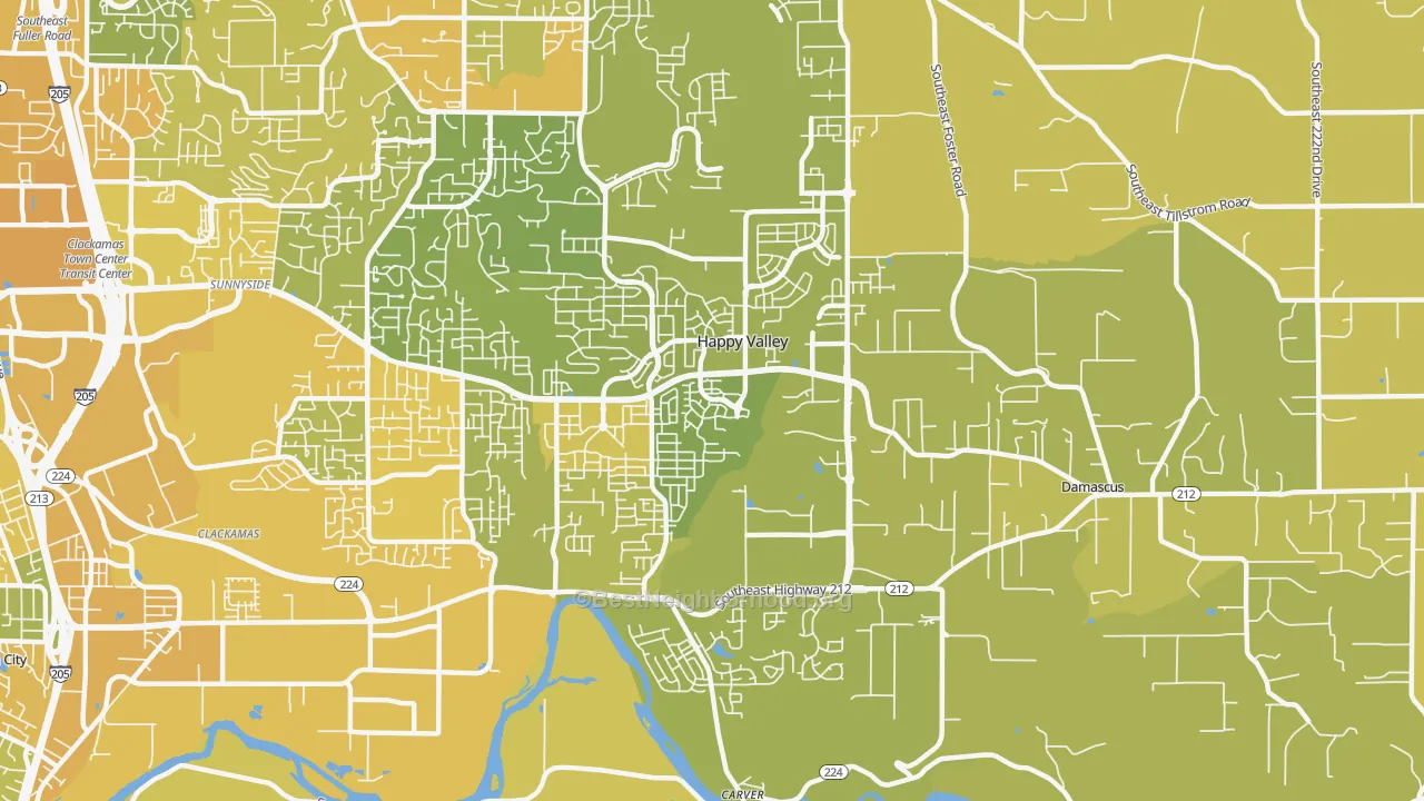 Map of the best neighborhoods in the Rock Creek, Clackamas area, with better matches in green and worse matches in red