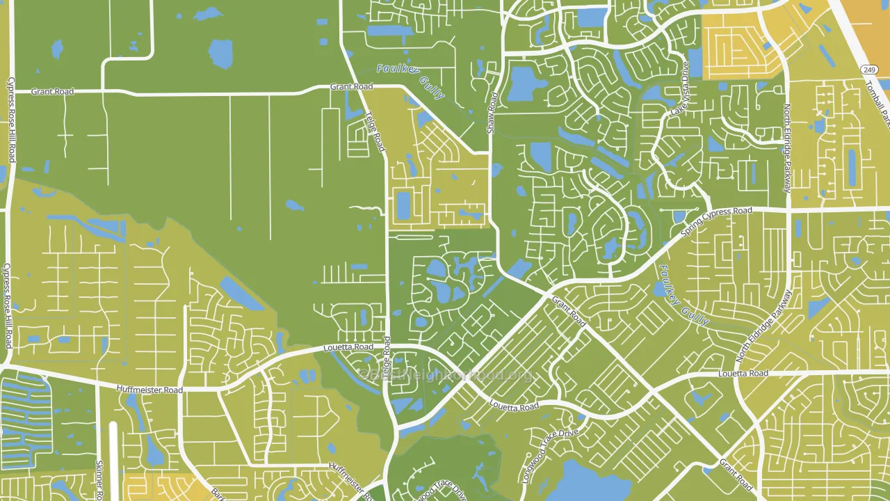 Map of the best neighborhoods in the Rock Creek, Cypress area, with better matches in green and worse matches in red