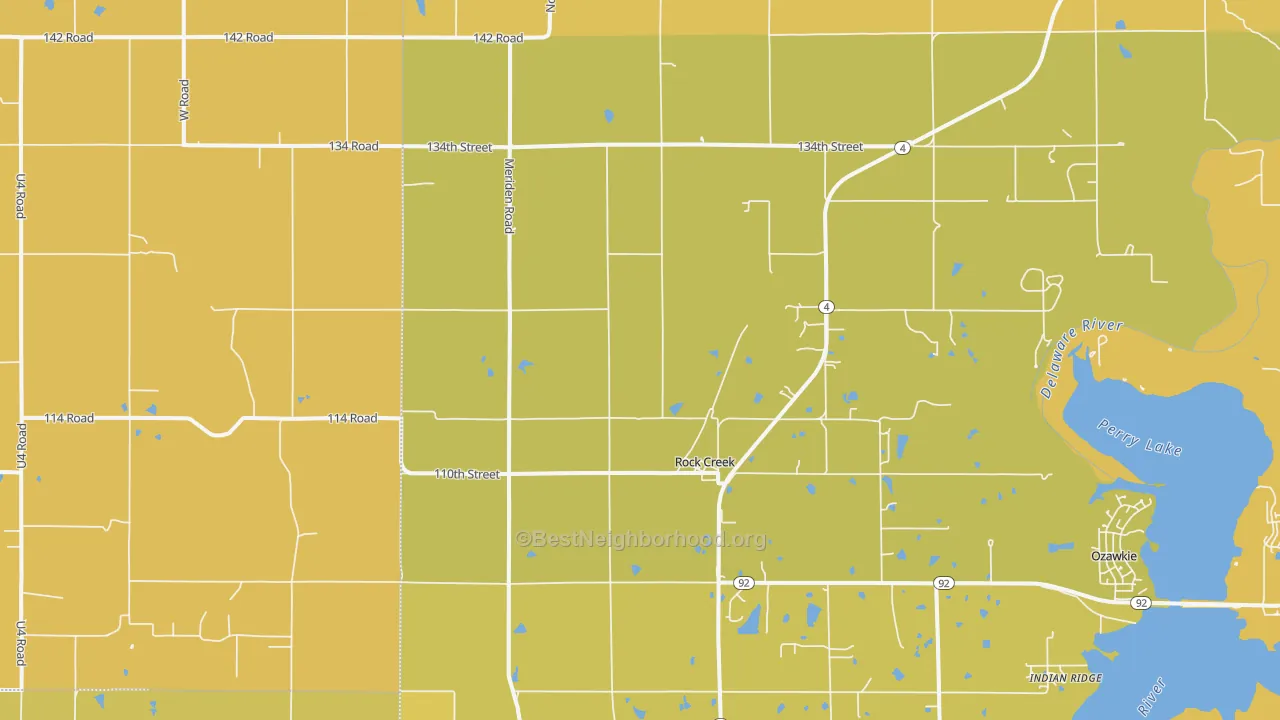 Map of the best neighborhoods in the Rock Creek area, with better matches in green and worse matches in red