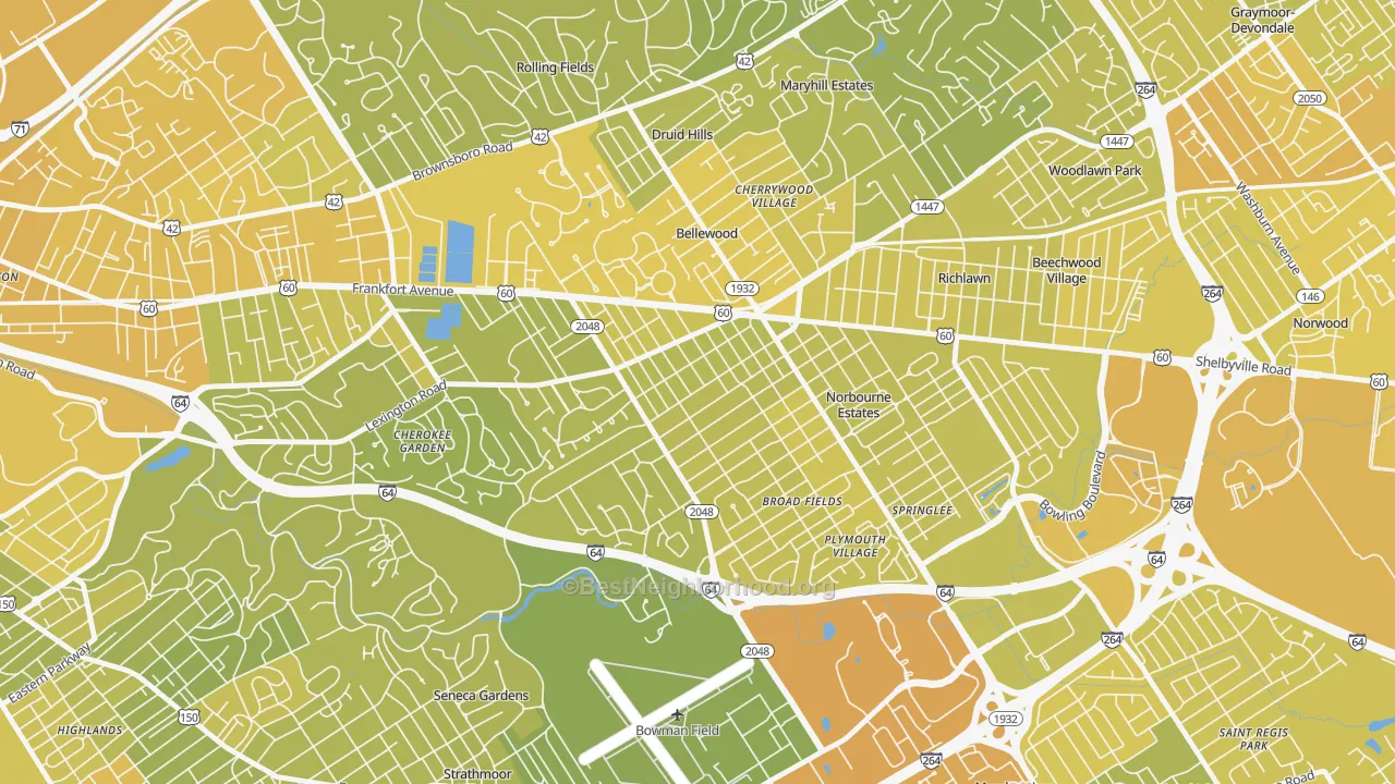 Map of the best neighborhoods in the Rock Creek Lexington Road, Louisville area, with better matches in green and worse matches in red