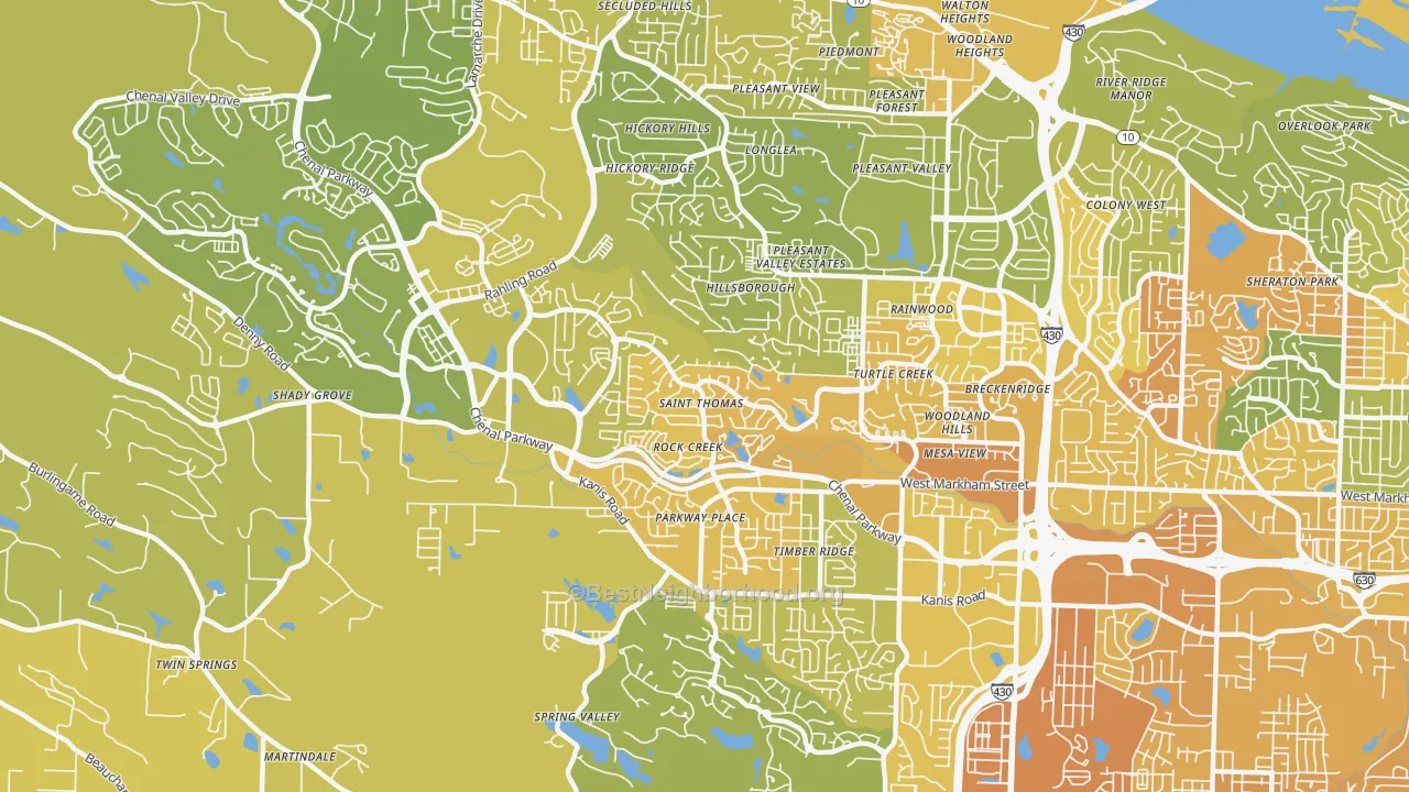 Map of the best neighborhoods in the Rock Creek, Little Rock area, with better matches in green and worse matches in red