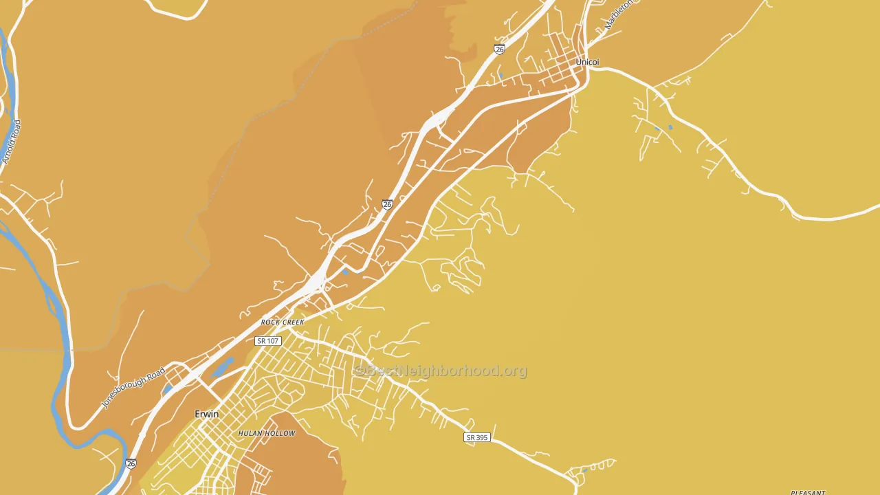 Map of the best neighborhoods in the Rock Creek area, with better matches in green and worse matches in red