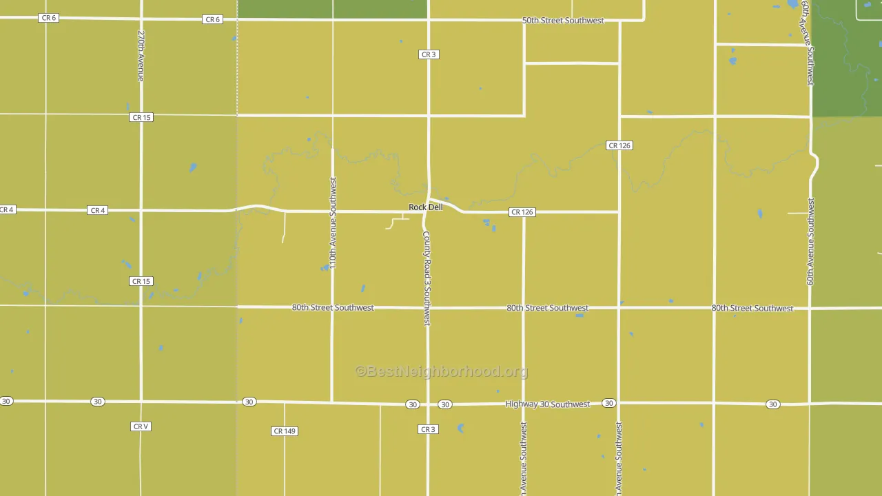 Map of the best neighborhoods in the Rock Dell area, with better matches in green and worse matches in red