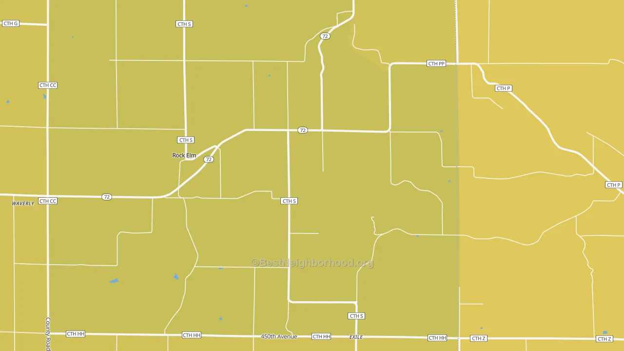 Map of the best neighborhoods in the Rock Elm area, with better matches in green and worse matches in red