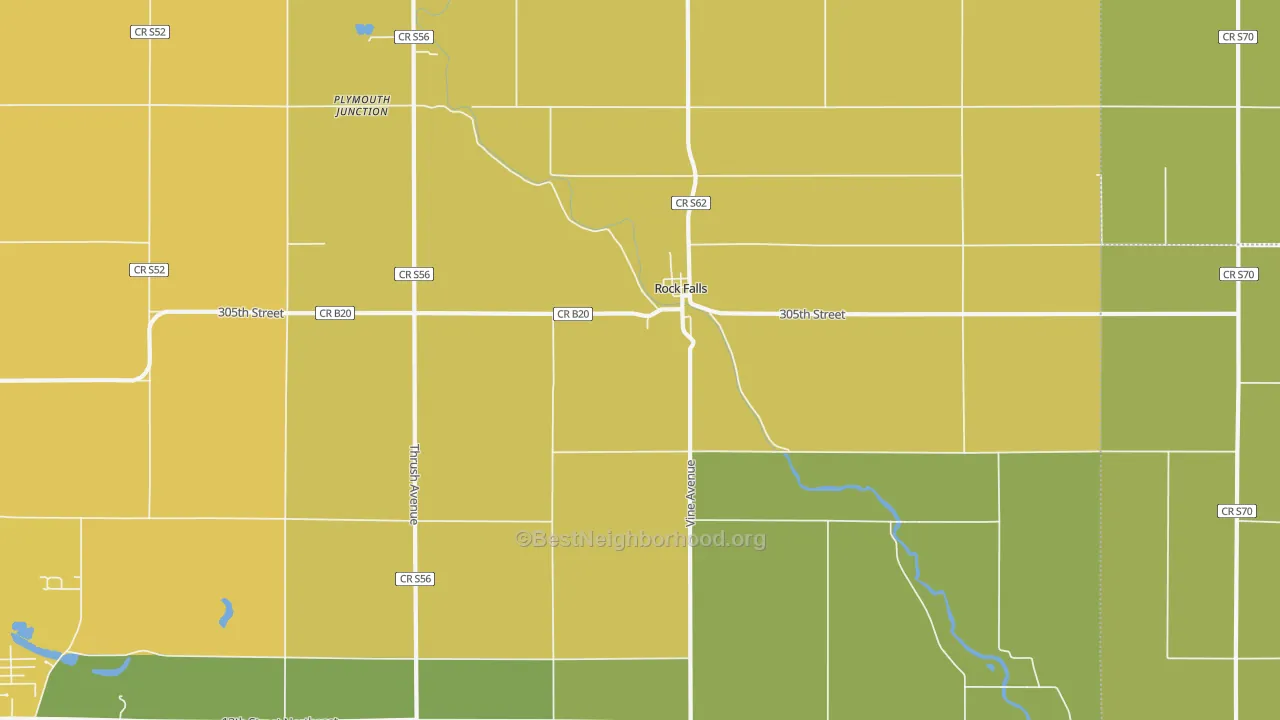 Map of the best neighborhoods in the Rock Falls area, with better matches in green and worse matches in red