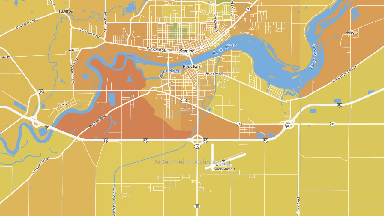 Map of the best neighborhoods in the Rock Falls area, with better matches in green and worse matches in red