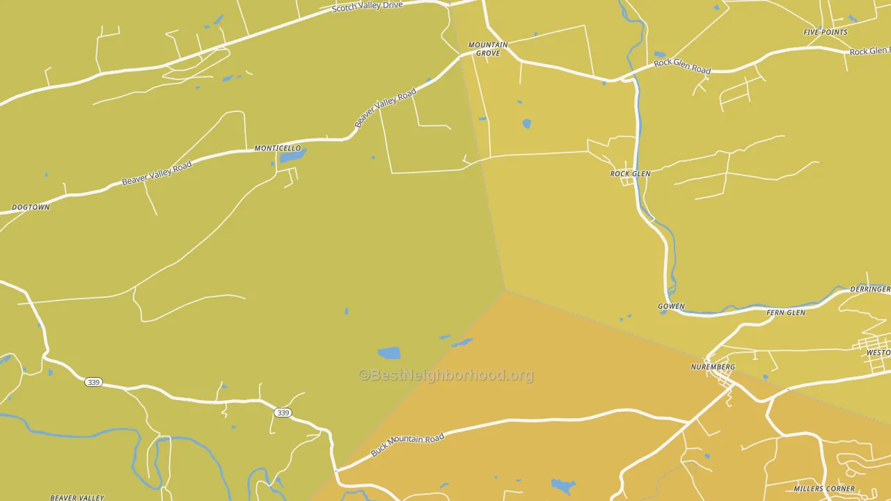 Map of the best neighborhoods in the Rock Glen area, with better matches in green and worse matches in red