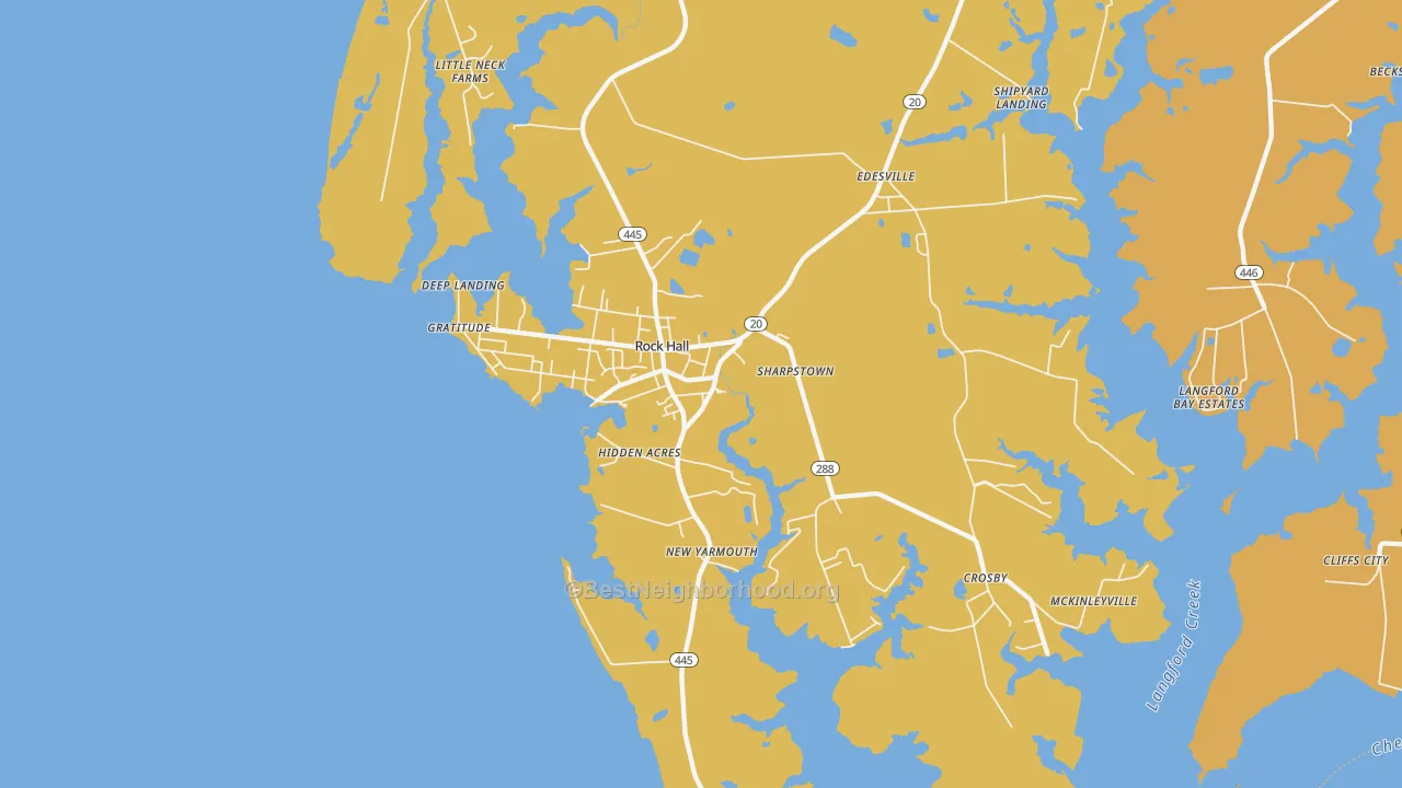 Map of the best neighborhoods in the Rock Hall area, with better matches in green and worse matches in red