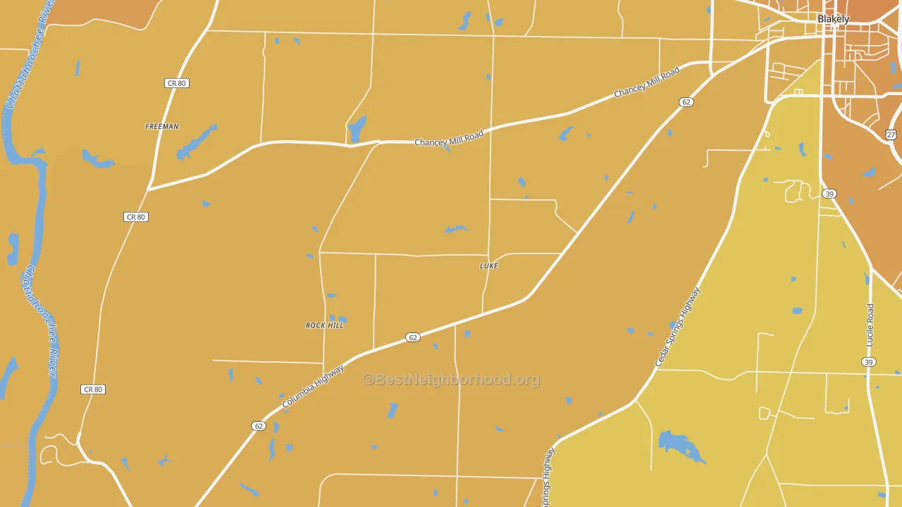 Map of the best neighborhoods in the Rock Hill area, with better matches in green and worse matches in red
