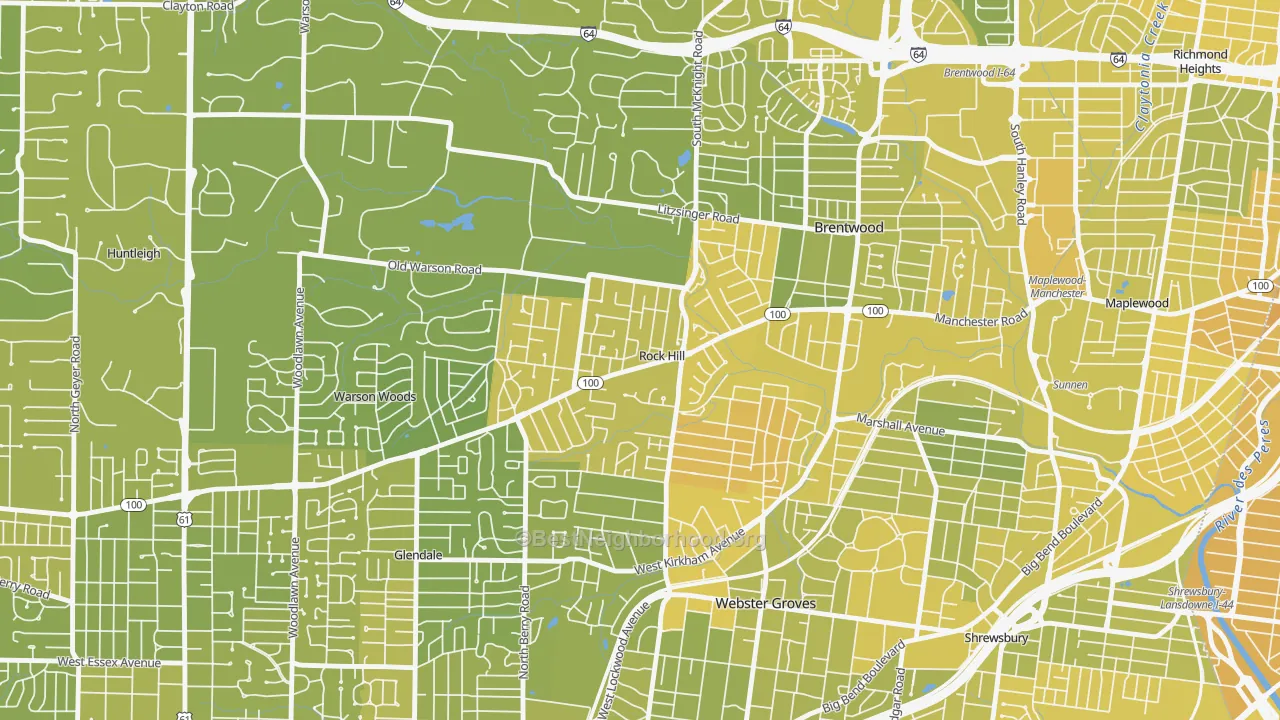 Map of the best neighborhoods in the Rock Hill area, with better matches in green and worse matches in red
