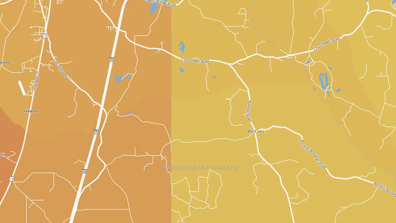 Map of the best neighborhoods in the Rock Hill area, with better matches in green and worse matches in red