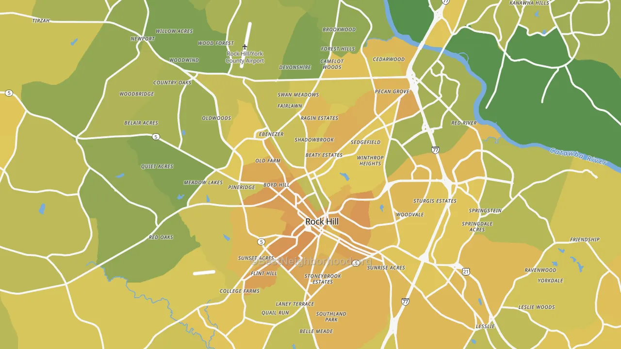 Map of the best neighborhoods in the Rock Hill area, with better matches in green and worse matches in red