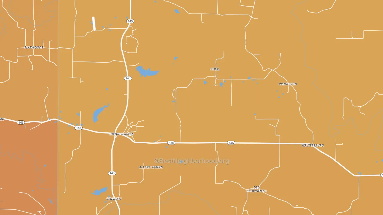Map of the best neighborhoods in the Rock area, with better matches in green and worse matches in red