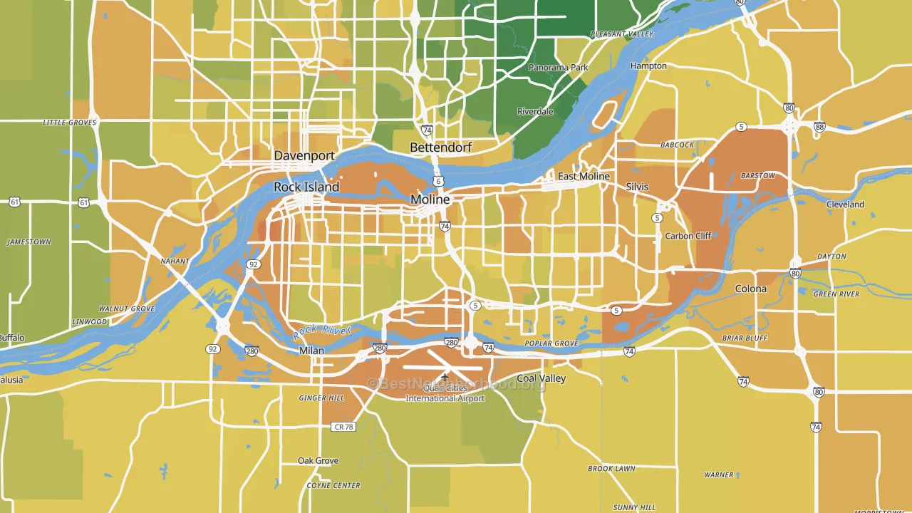 Map of the best neighborhoods in the Rock Island County area, with better matches in green and worse matches in red