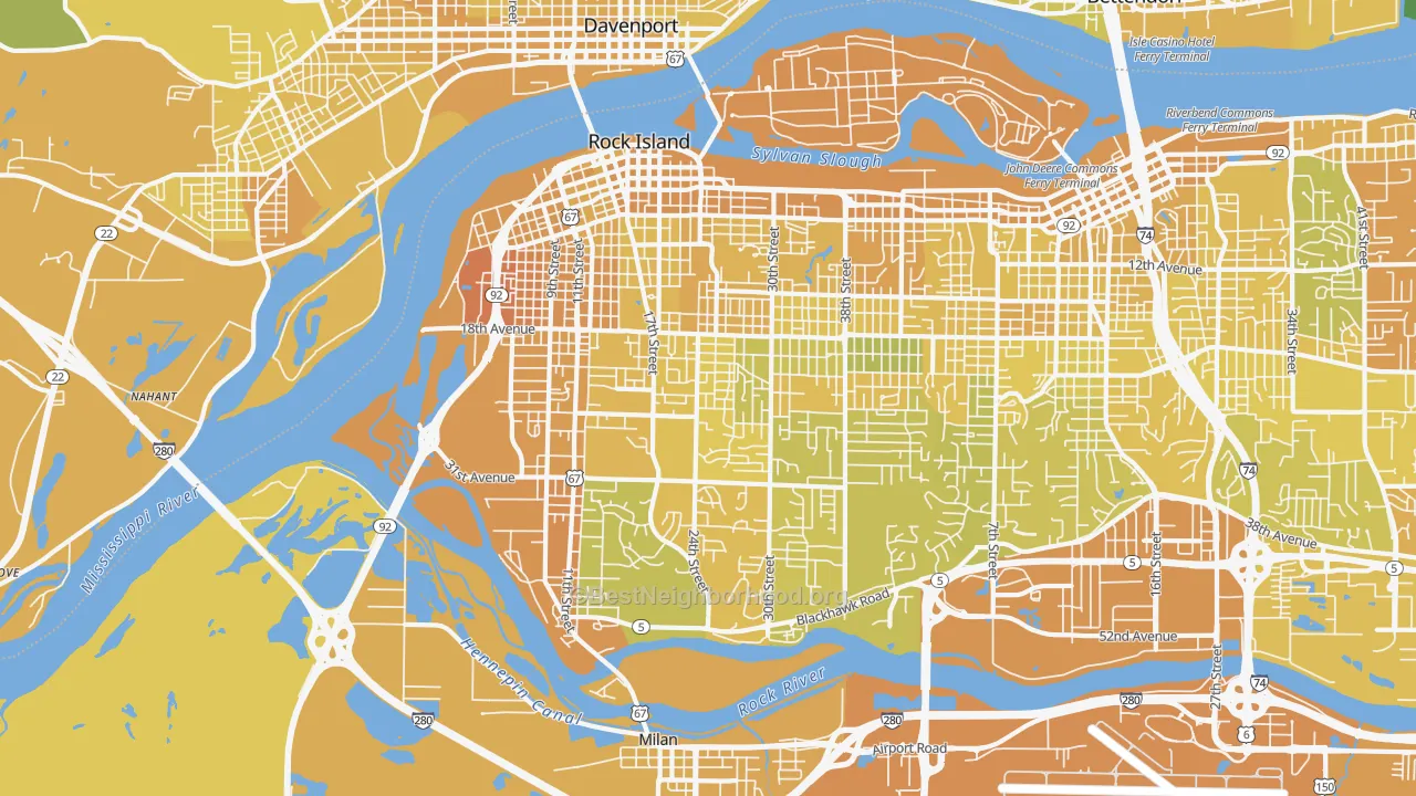 Map of the best neighborhoods in the Rock Island area, with better matches in green and worse matches in red