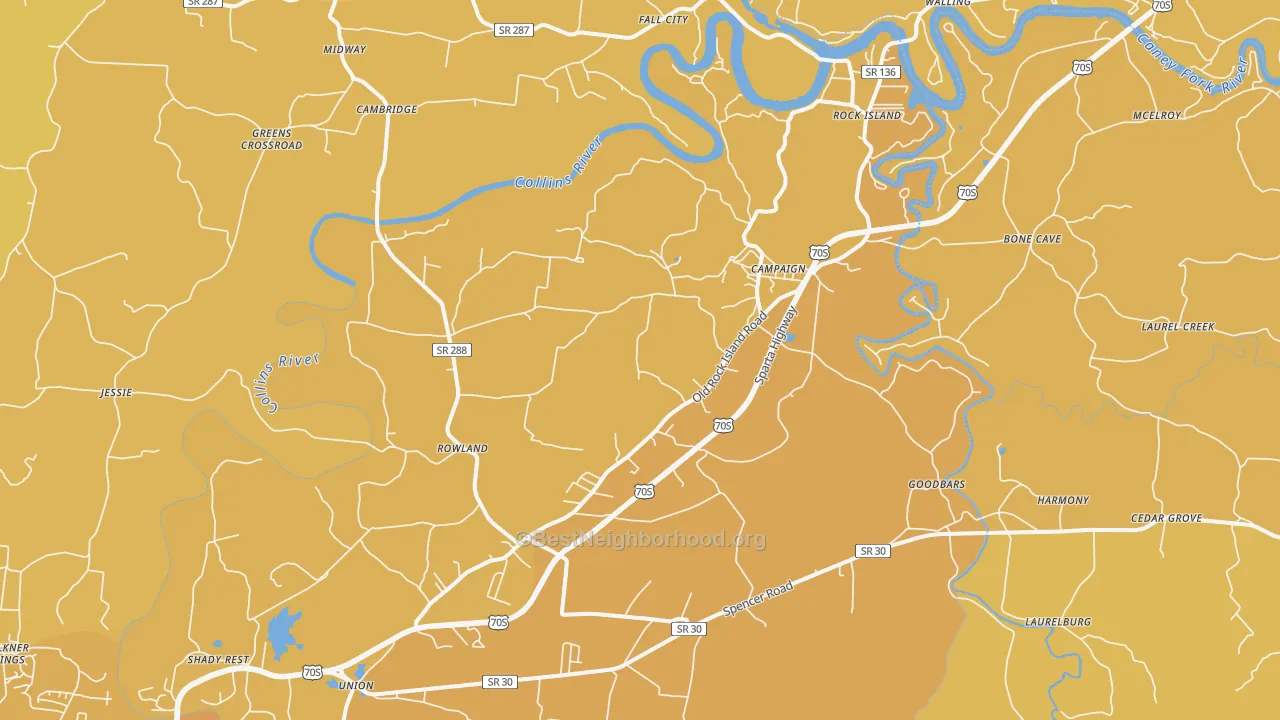 Map of the best neighborhoods in the Rock Island area, with better matches in green and worse matches in red