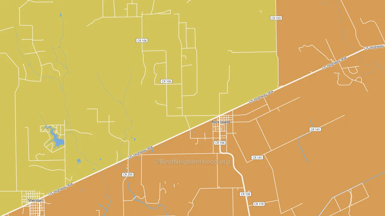 Map of the best neighborhoods in the Rock Island area, with better matches in green and worse matches in red
