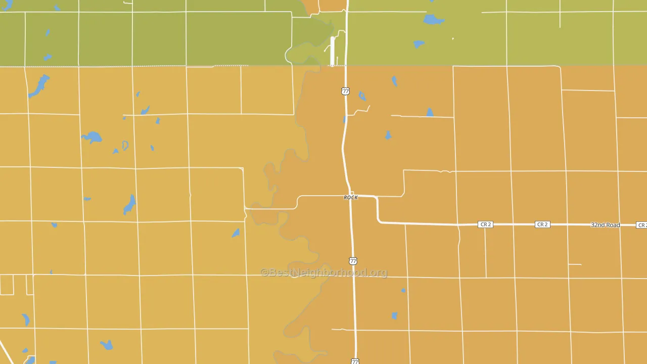 Map of the best neighborhoods in the Rock area, with better matches in green and worse matches in red
