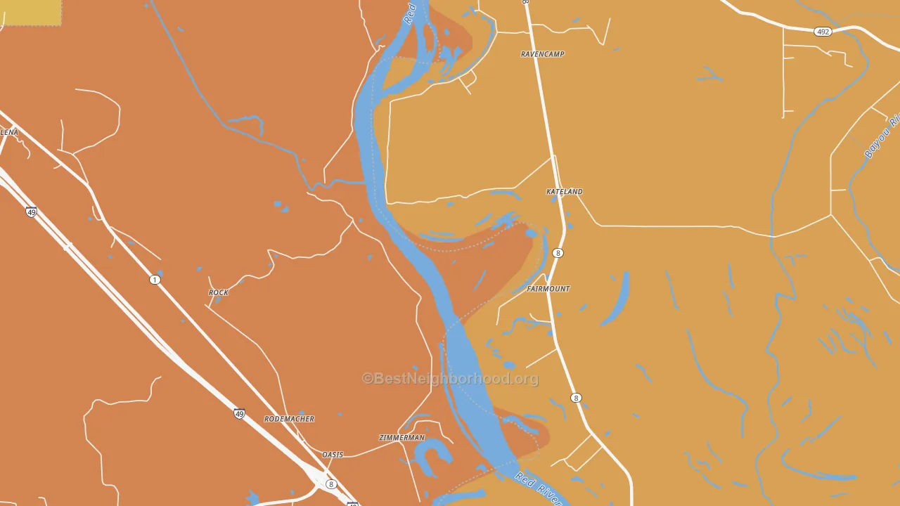 Map of the best neighborhoods in the Rock area, with better matches in green and worse matches in red