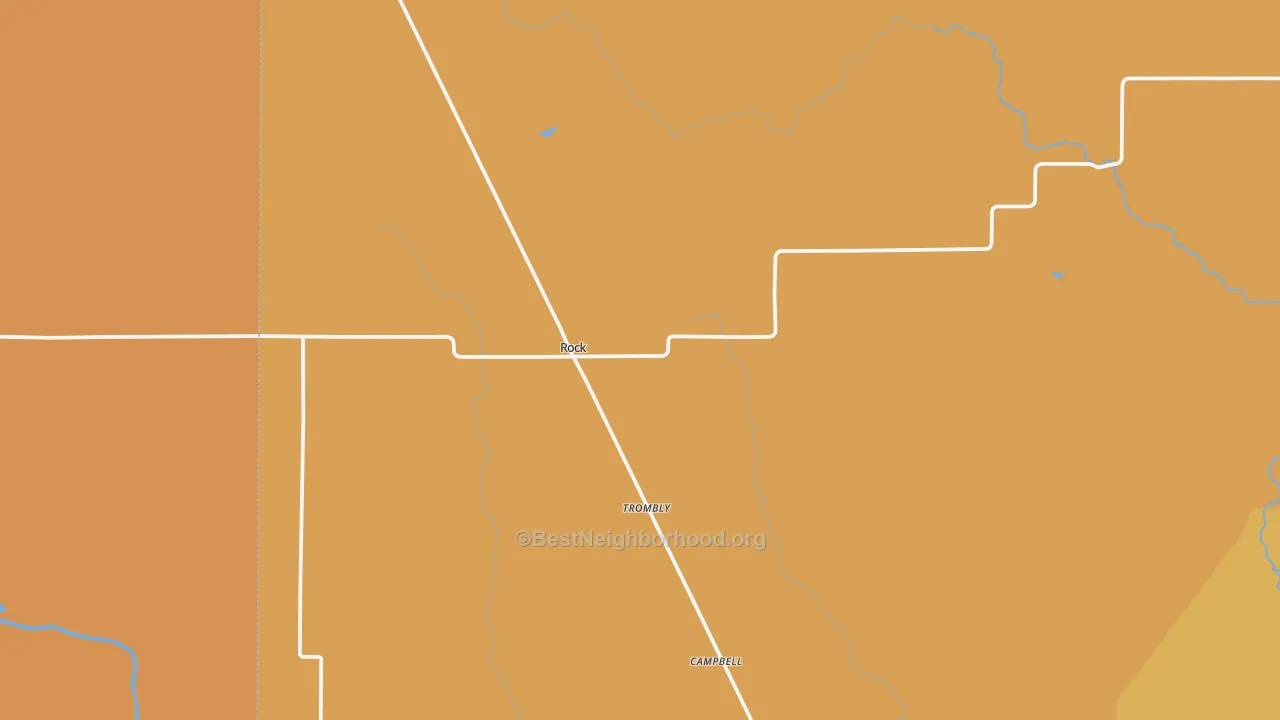 Map of the best neighborhoods in the Rock area, with better matches in green and worse matches in red