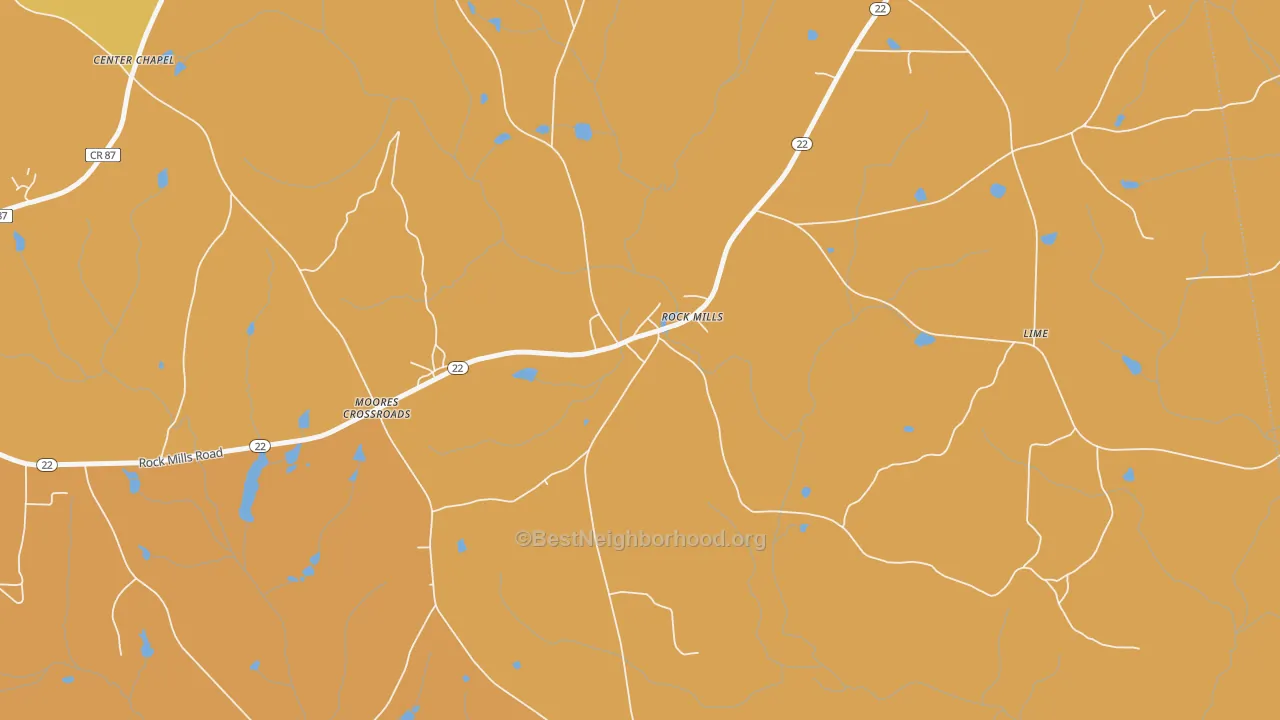 Map of the best neighborhoods in the Rock Mills area, with better matches in green and worse matches in red