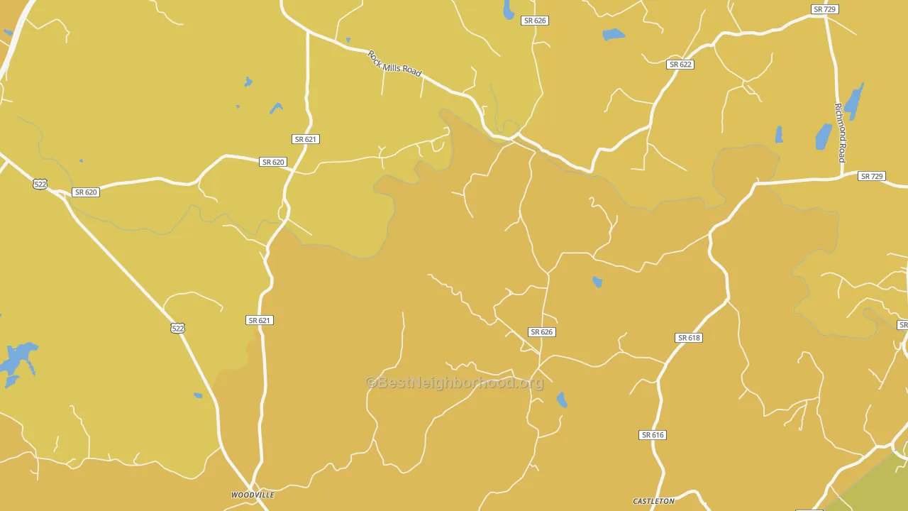Map of the best neighborhoods in the Rock Mills area, with better matches in green and worse matches in red