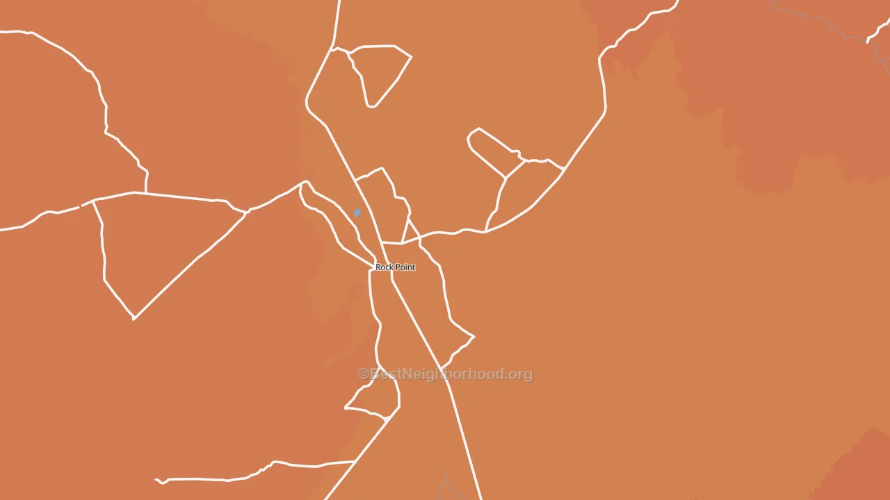 Map of the best neighborhoods in the Rock Point area, with better matches in green and worse matches in red