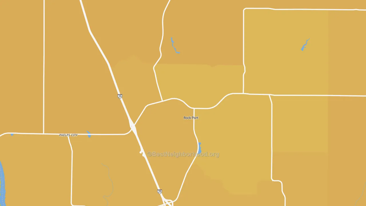Map of the best neighborhoods in the Rock Port area, with better matches in green and worse matches in red