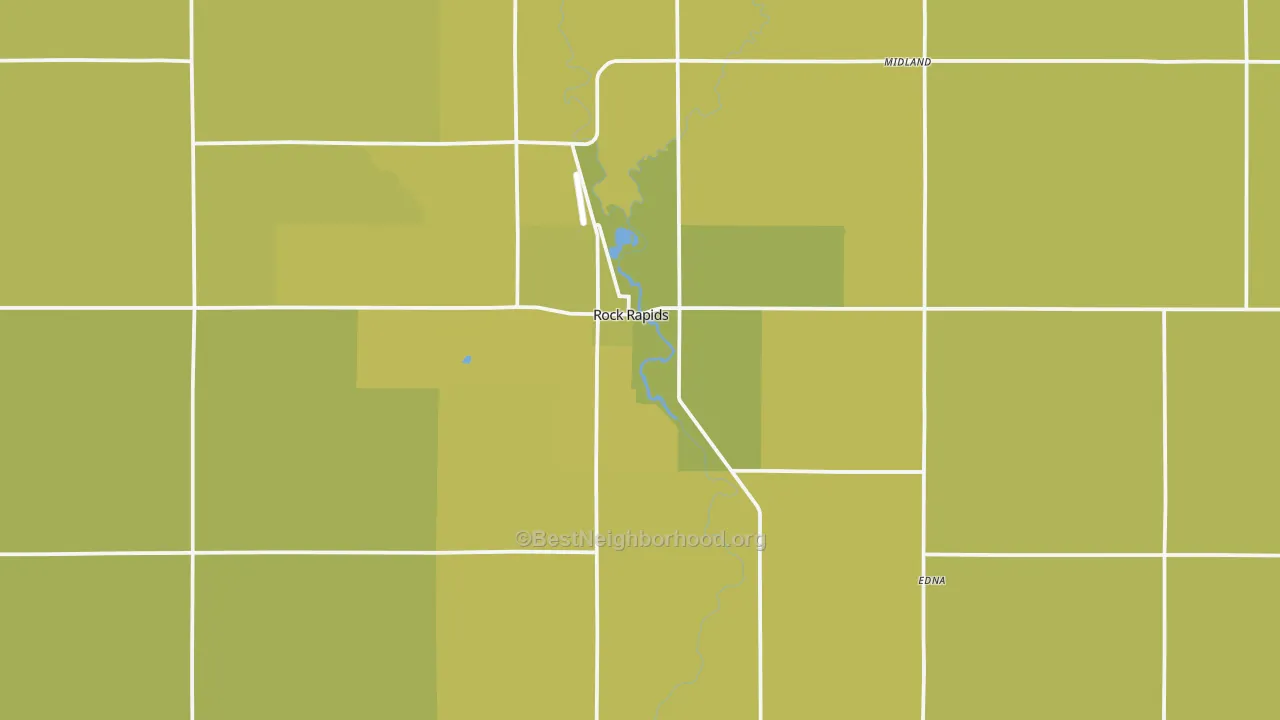 Map of the best neighborhoods in the Rock Rapids area, with better matches in green and worse matches in red