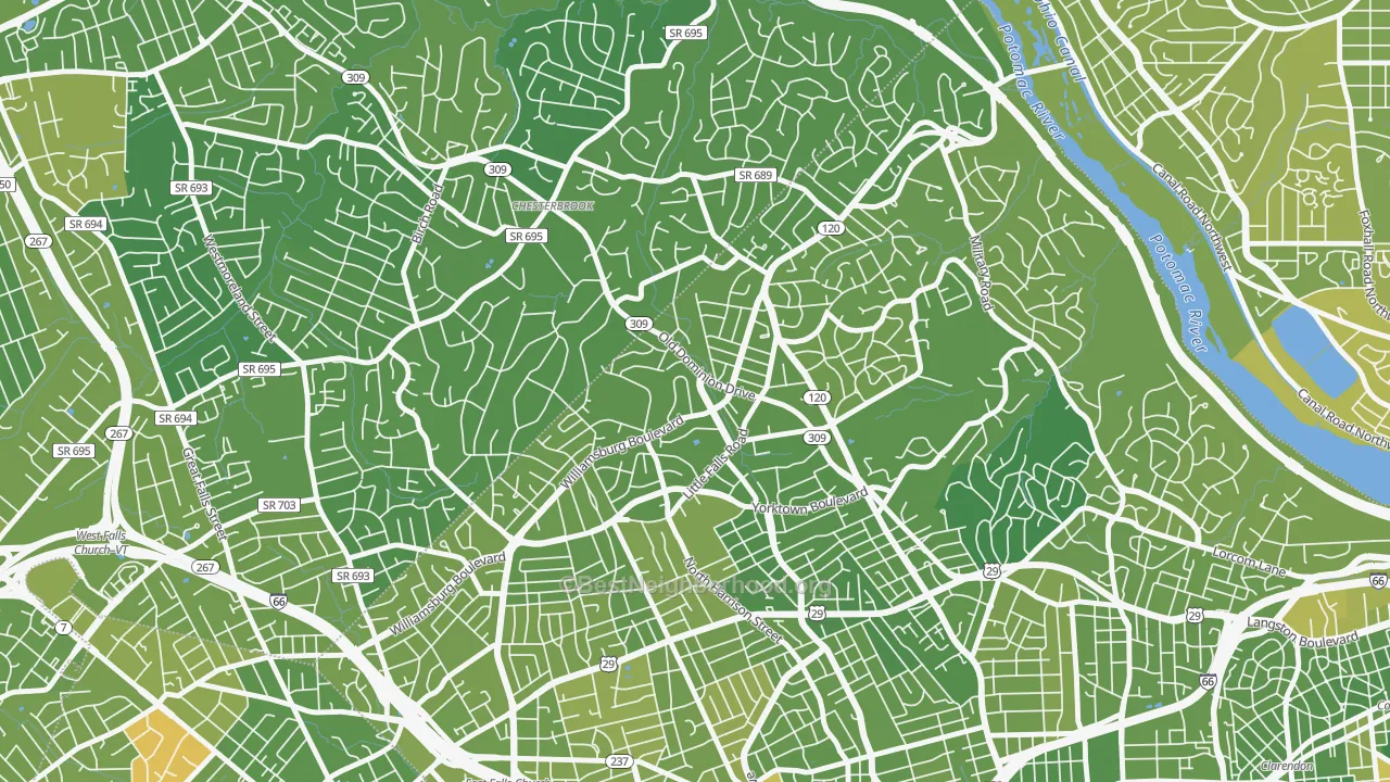 Map of the best neighborhoods in the Rock Spring, Arlington area, with better matches in green and worse matches in red
