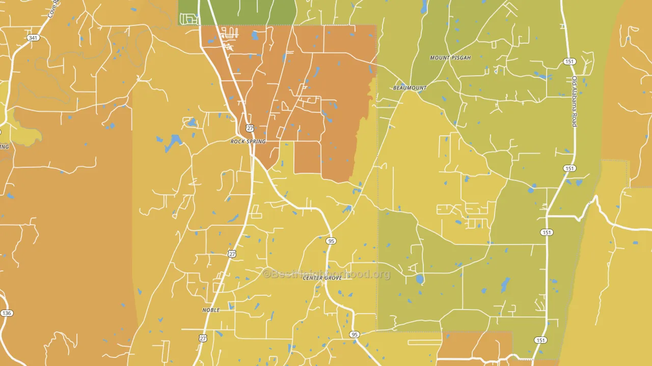 Map of the best neighborhoods in the Rock Spring area, with better matches in green and worse matches in red
