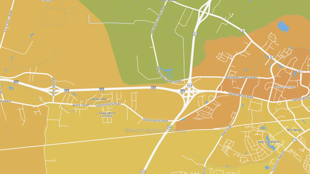 Map of the best neighborhoods in the Rock Spring area, with better matches in green and worse matches in red