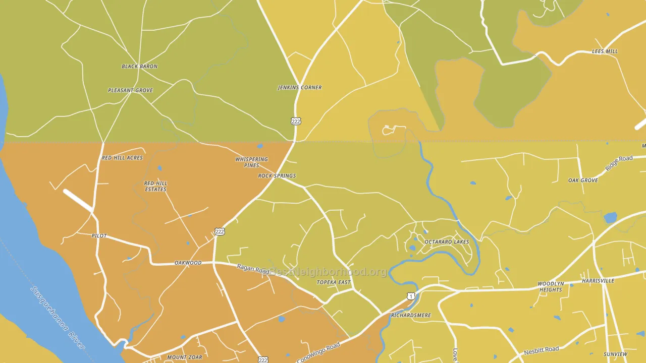 Map of the best neighborhoods in the Rock Springs area, with better matches in green and worse matches in red