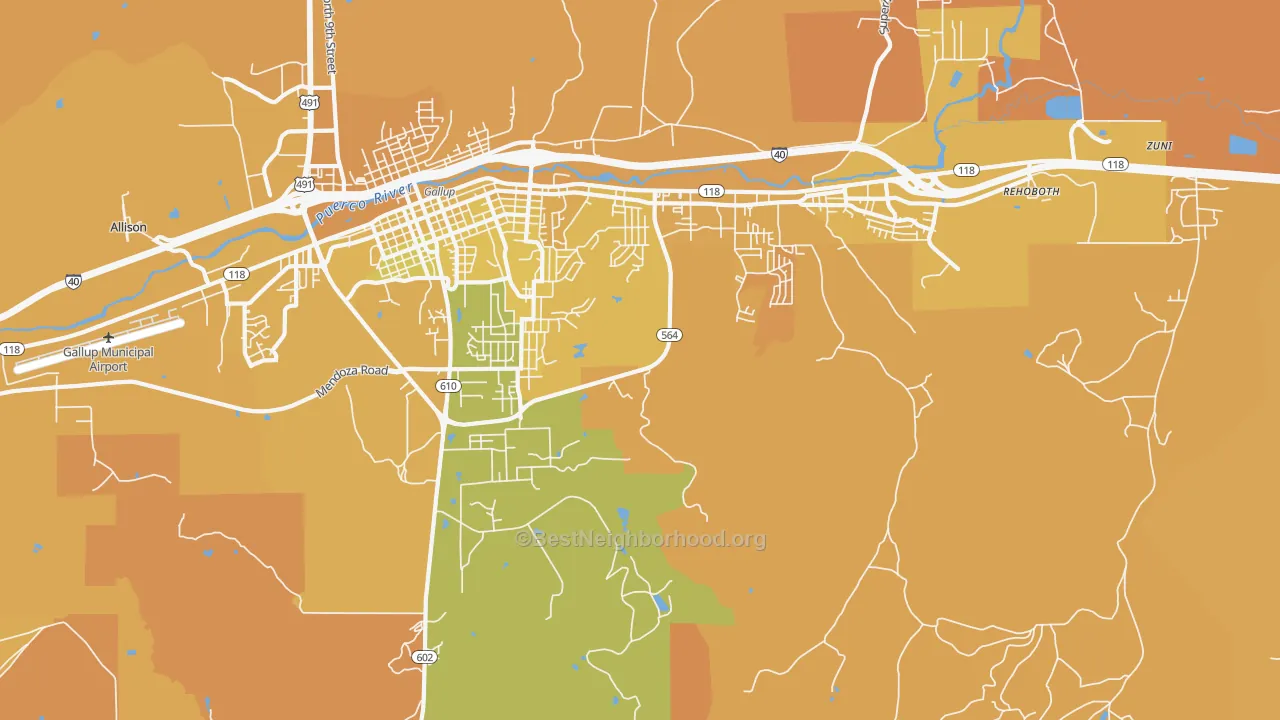Map of the best neighborhoods in the Rock Springs area, with better matches in green and worse matches in red