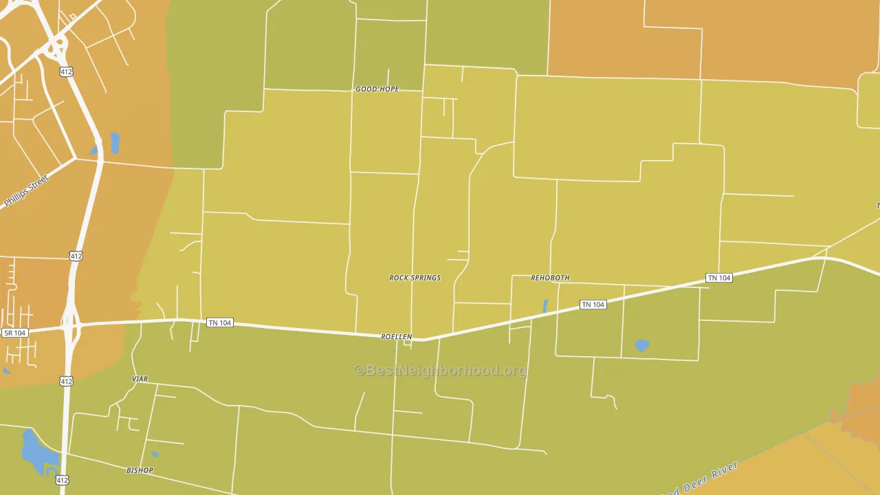 Map of the best neighborhoods in the Rock Springs area, with better matches in green and worse matches in red
