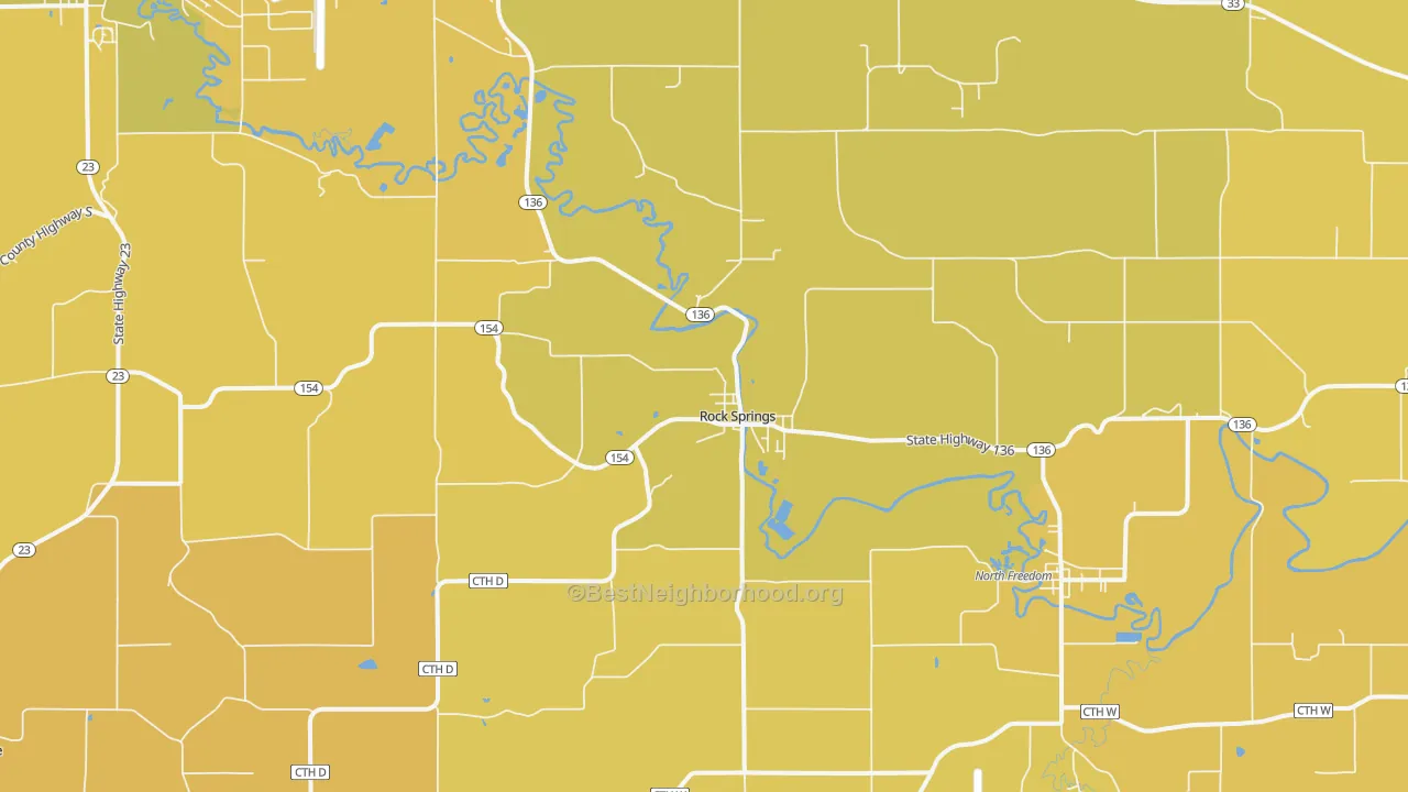 Map of the best neighborhoods in the Rock Springs area, with better matches in green and worse matches in red