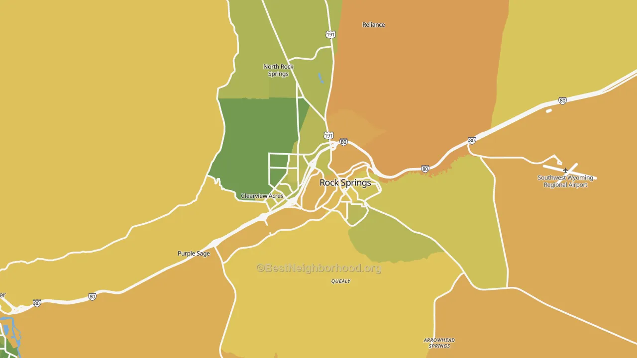 Map of the best neighborhoods in the Rock Springs area, with better matches in green and worse matches in red