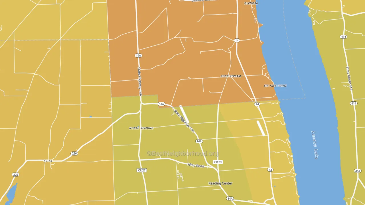 Map of the best neighborhoods in the Rock Stream area, with better matches in green and worse matches in red