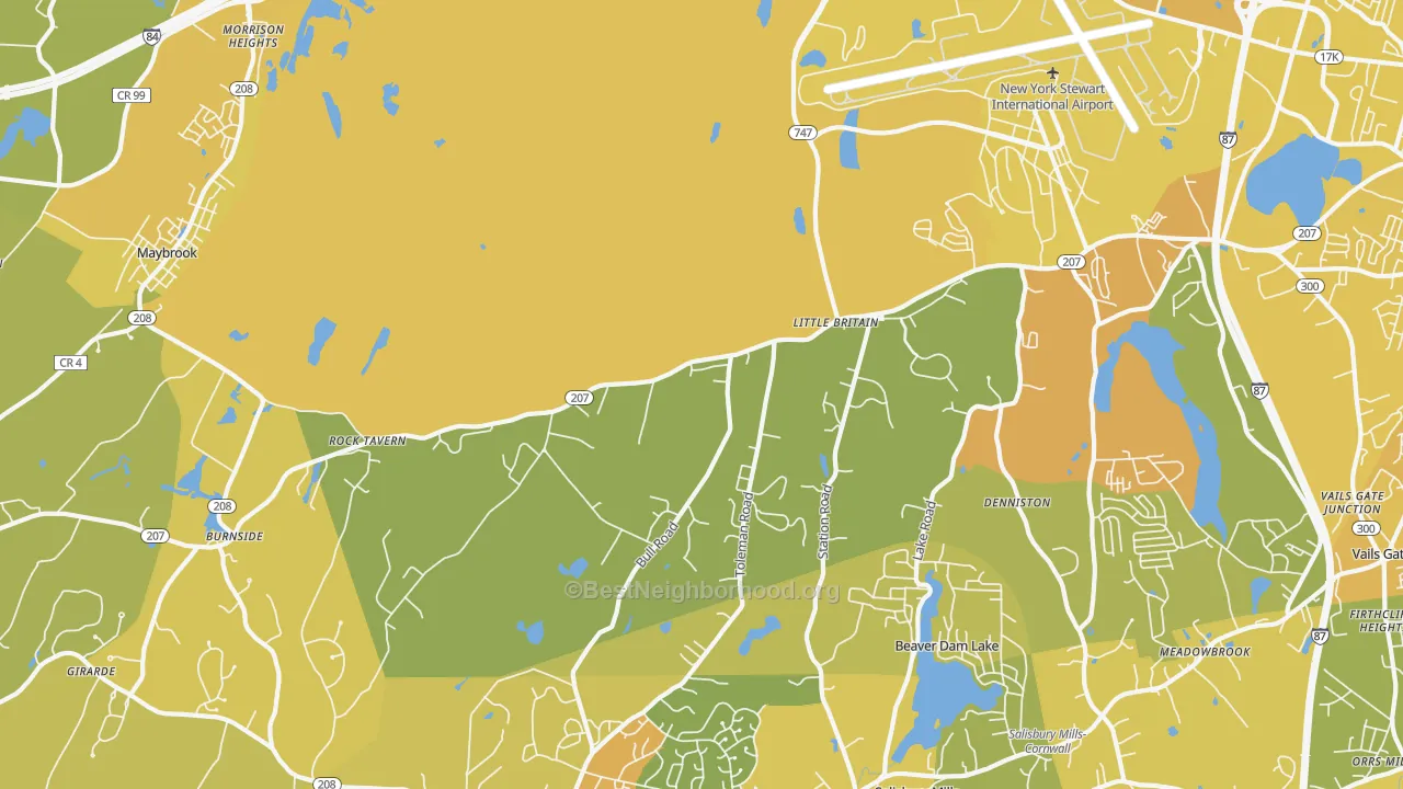 Map of the best neighborhoods in the Rock Tavern area, with better matches in green and worse matches in red